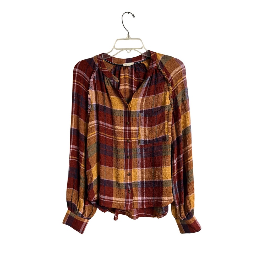 Anthropologie Pilcro Plaid Ruffle Blouse Womens Small Boho Peasant Cottogecore